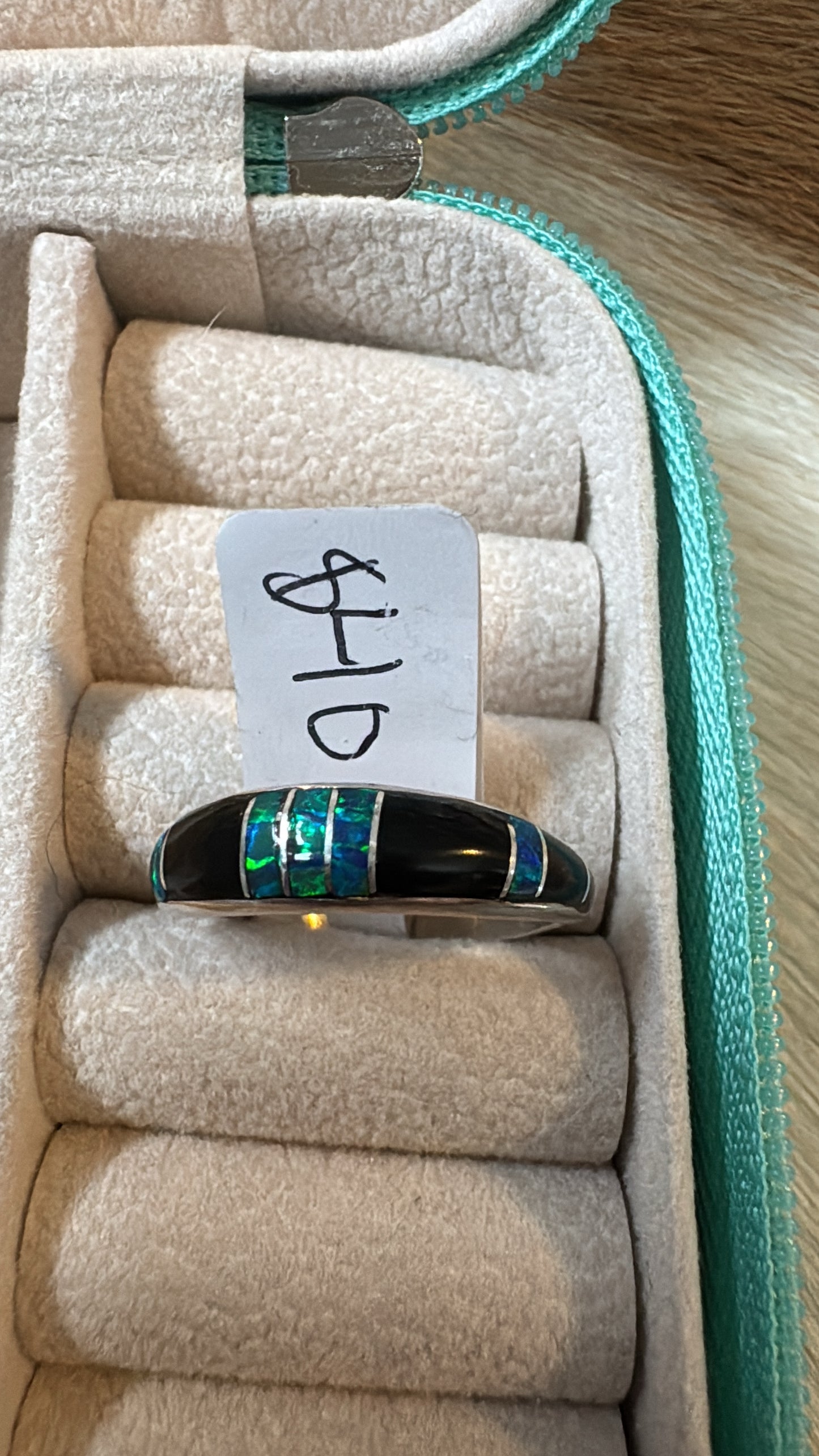 Native Made Opal & Onyx Inlay Ring Size 8.5
